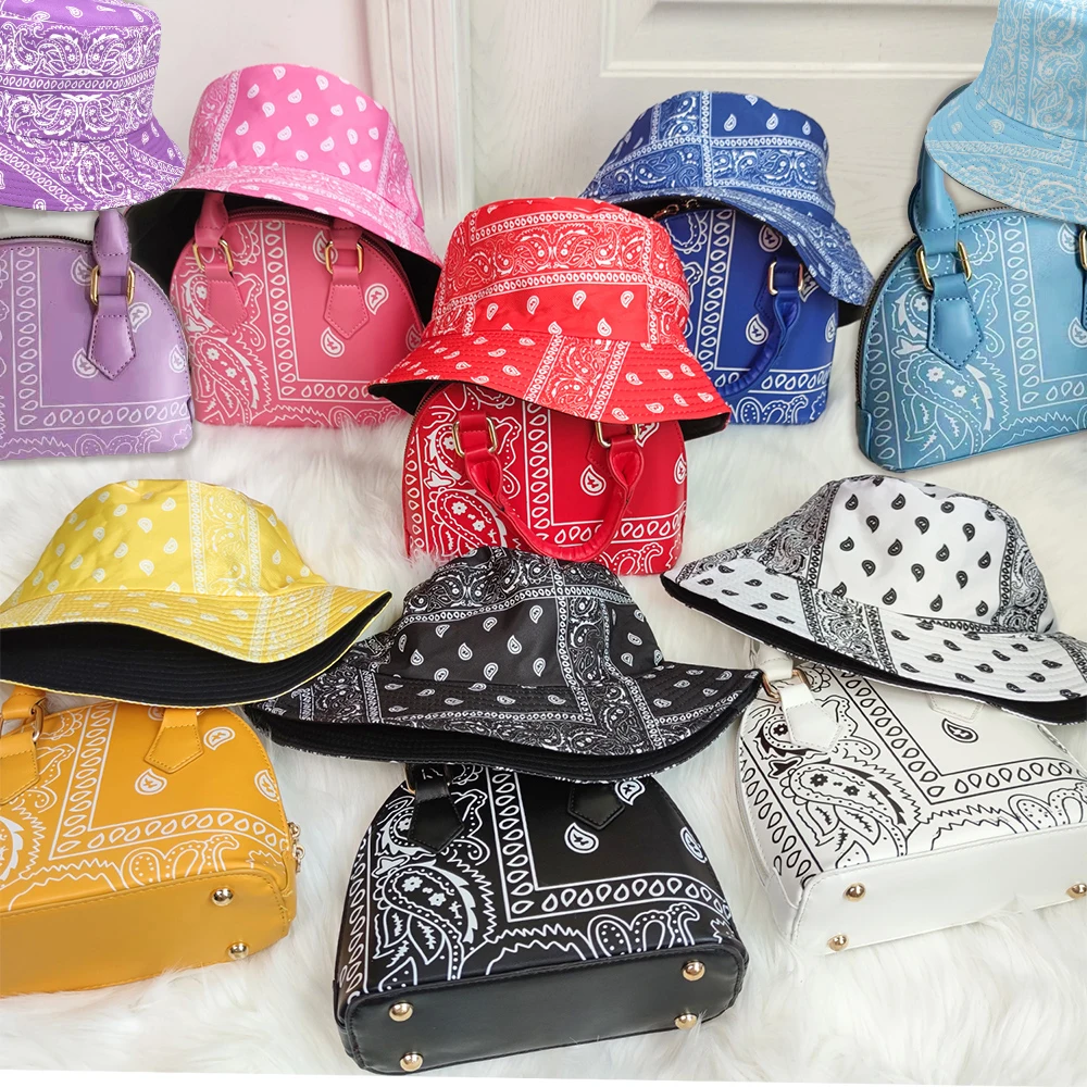 2021 Ins Trendy Cashew Flower Shell for Women Brand Messenger Blue Paisley Bandana Purse and Bucket Hat Set