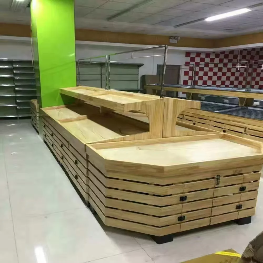 Wood supermarket gondola for vegetable display rack stand for grocery store and fruit shelves