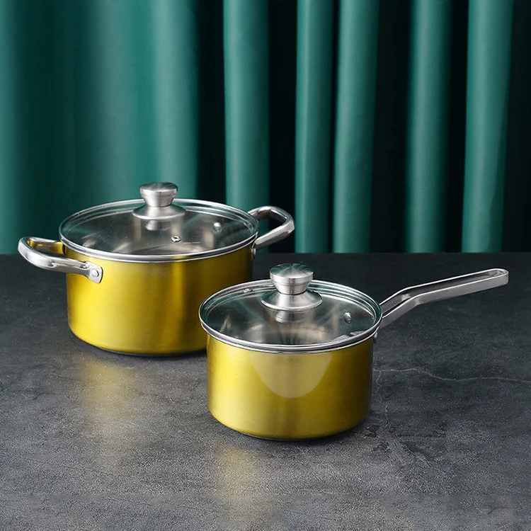 Home general stainless steel milk pot soup pot frying pan set with with glass lid