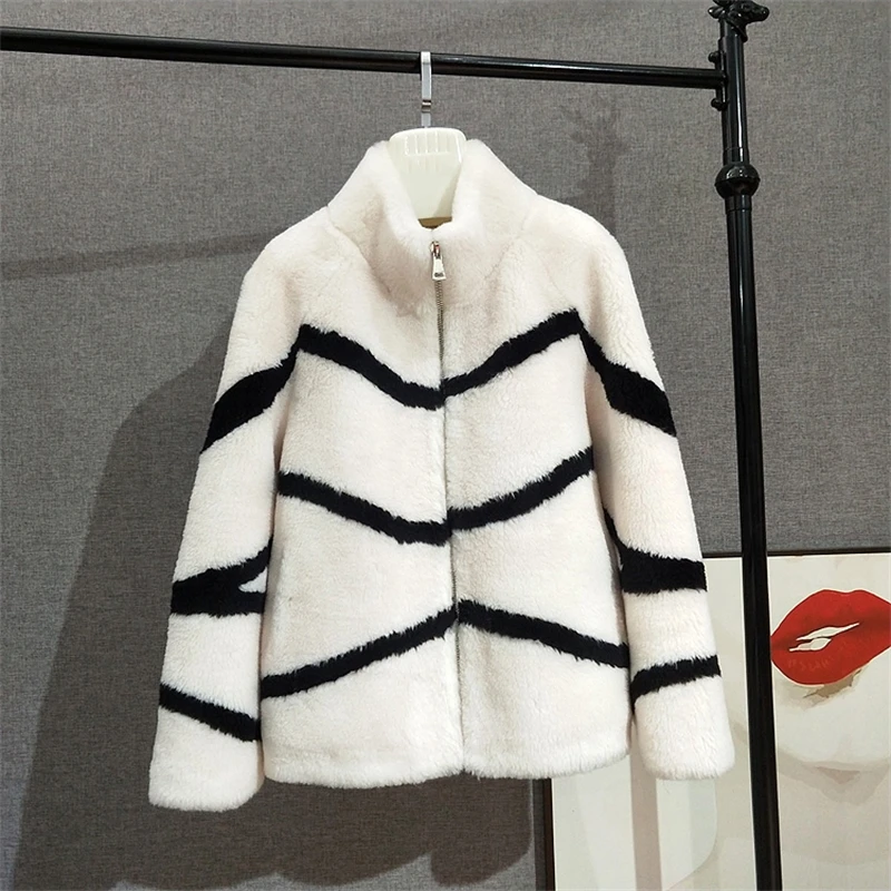 JT322 Stripe Design 100% Real Wool Fur Women Oversize Jacket Female Sheep Shearling Overcoat