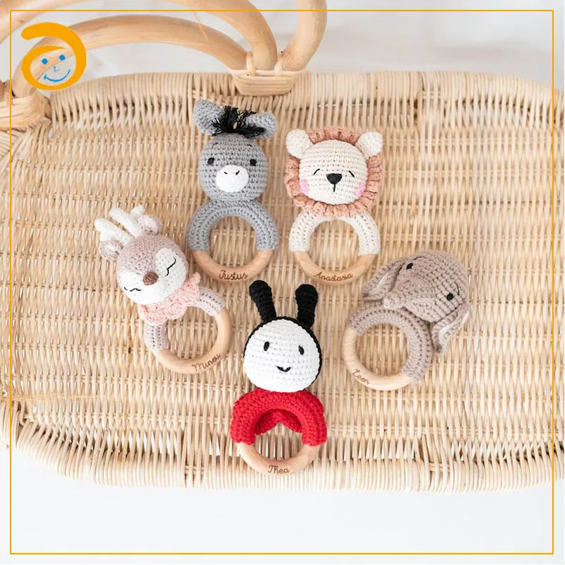 Handmade Cotton Yarn Creative Hand Knitted Crochet Rattle Baby Rattle Lion Elephant Bear Elk Kid Toy Comforter Bite Rattle Gift