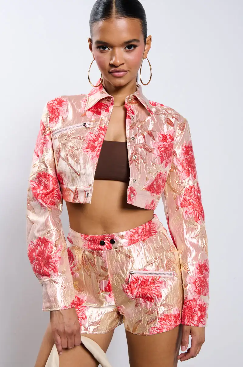 Low Moq Custom Clothing Elegant Y2k Fashion Floral Jacquard Crop Jacket + High Waist Mini Shorts Plus Size Women Two Piece Sets