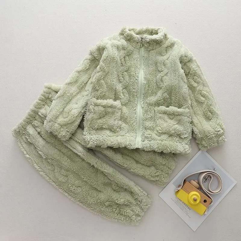 Baby flannel suit boys winter children plus fleece pajamas autumn and cardigan home wear can be worn outside