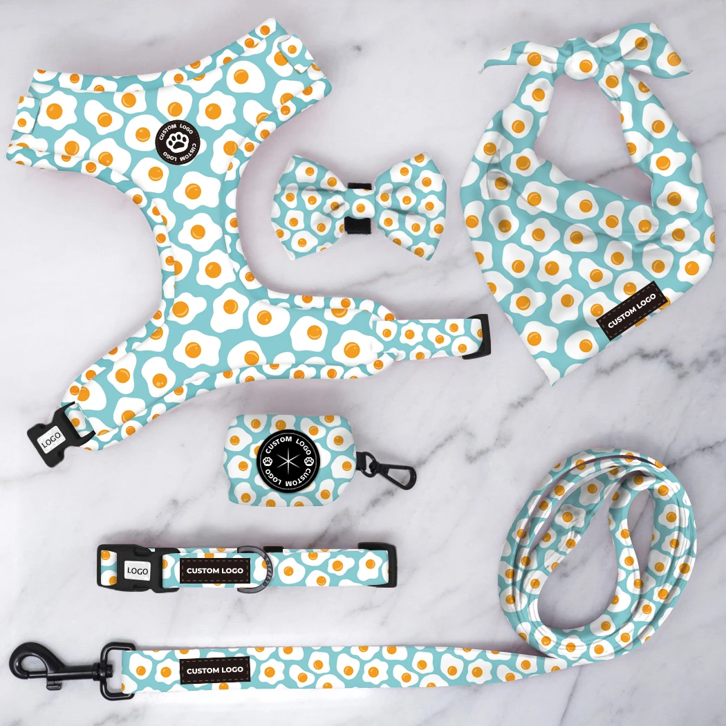 Hot Selling Cute Reversible Soft Mesh Harness Dog Custom Logo Printing Dog Harness Set with Pet Collar Leash Dog Poop Bag