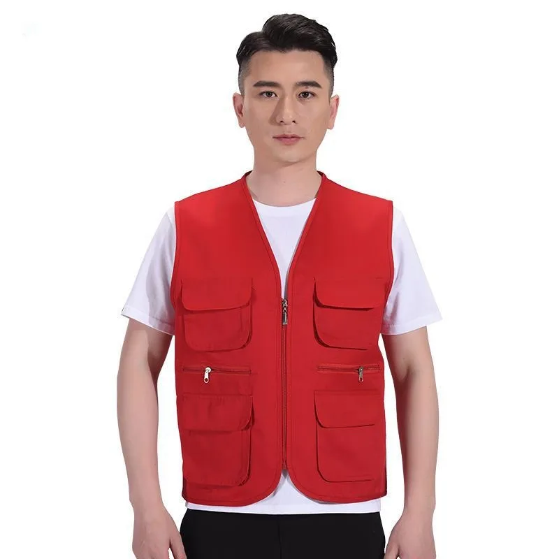 Jinteng Custom Logo Utility Reporter Multi Pocket Fishing Solid Workwear Uniform Cargo Vest for Outdoor Polyester Zip up Vest