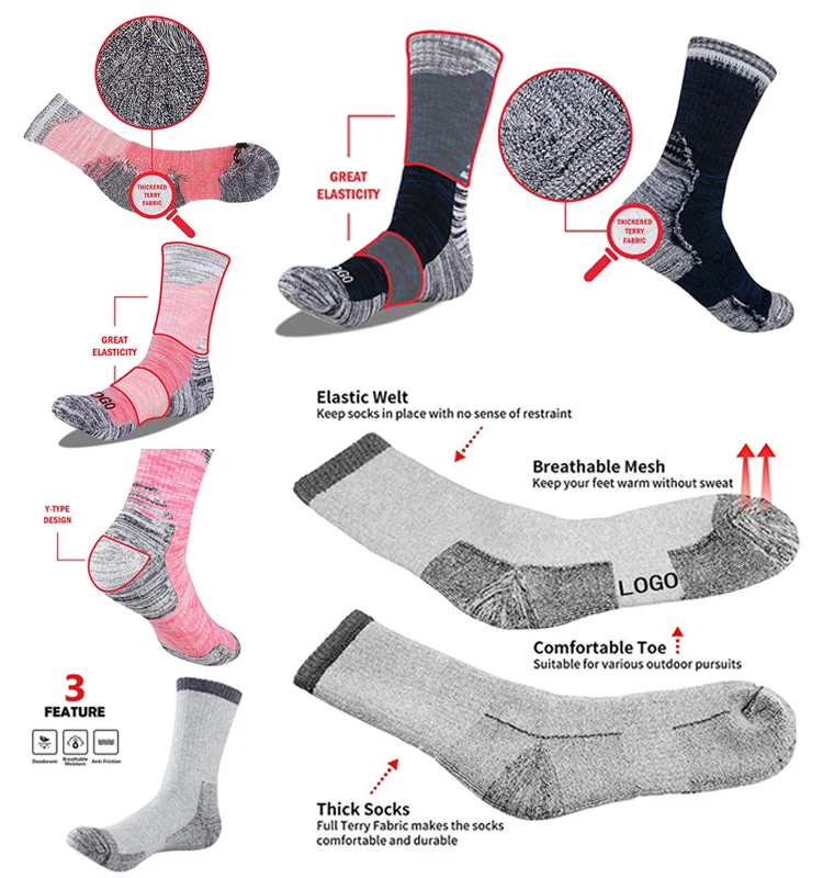 Custom Logo socks Thermal wool Hiker boot work socks Men Trekking crew socks