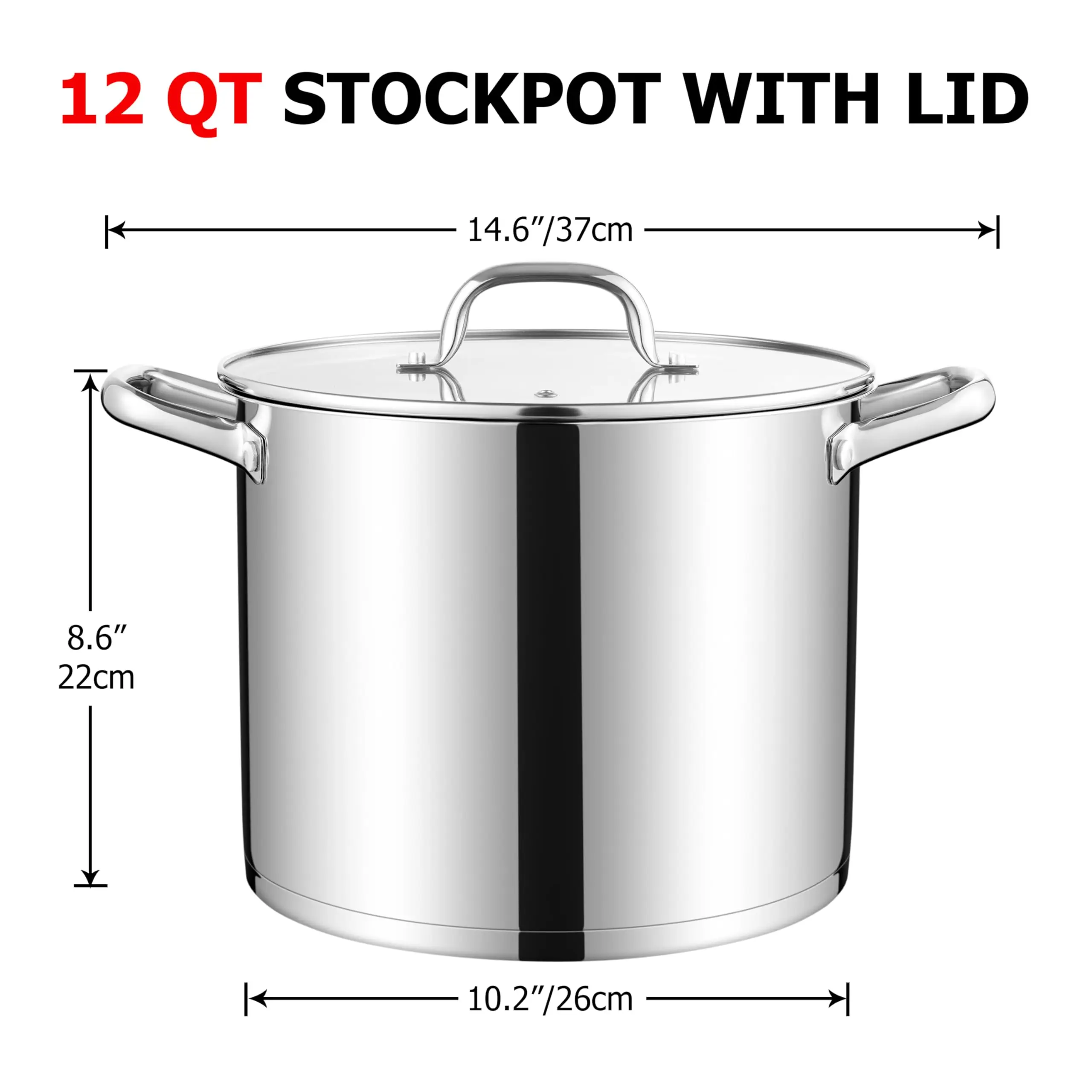 12QT Cooking Pot Heavy Weight Solid Triple-Layer Base Stainless Steel Casserole Soup Pot Stock Pots with Handle Glass Lid