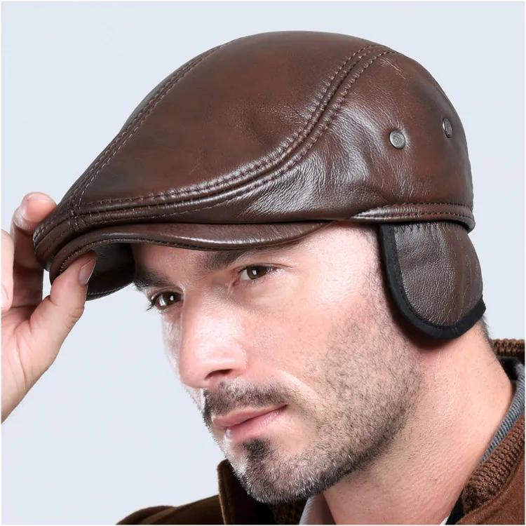 Модные кожаные шапки H604, мужская повседневная теплая Кепка из коровьей кожи, берет из натуральной кожи, шапка из натуральной кожи