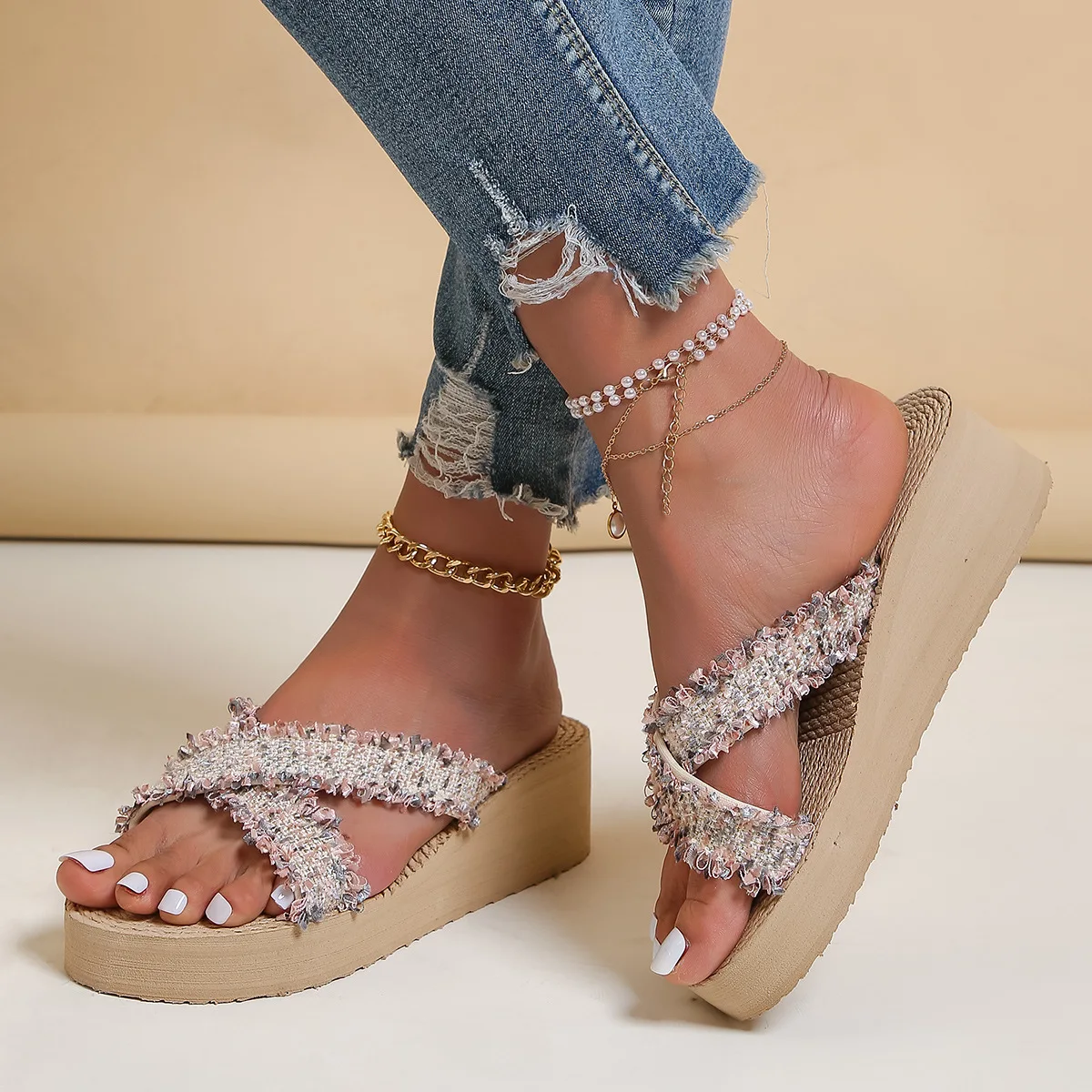 National style cross-border foreign trade fashion imitation hemp rope slippers female summer wear high heels