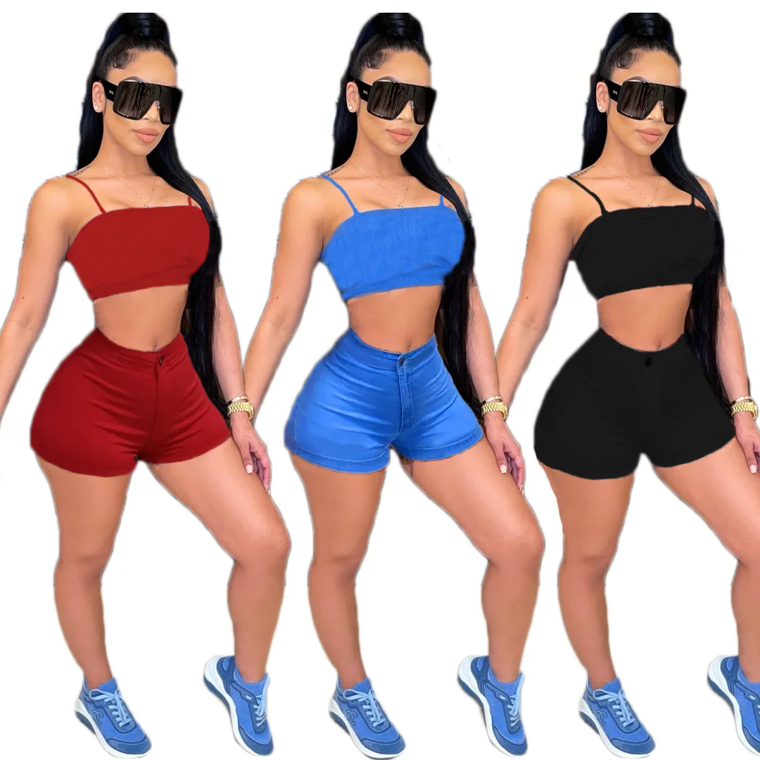 
Sexy Women Denim Shorts Solid 2 Piece Summer Sets Women Denim Two Piece Short Sets 