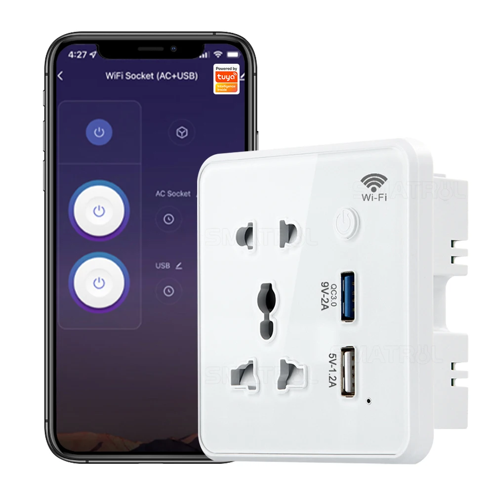 Смарт-розетка SMATRUL Tuya, Wi-Fi, с закаленным стеклом, 3,0 Usb