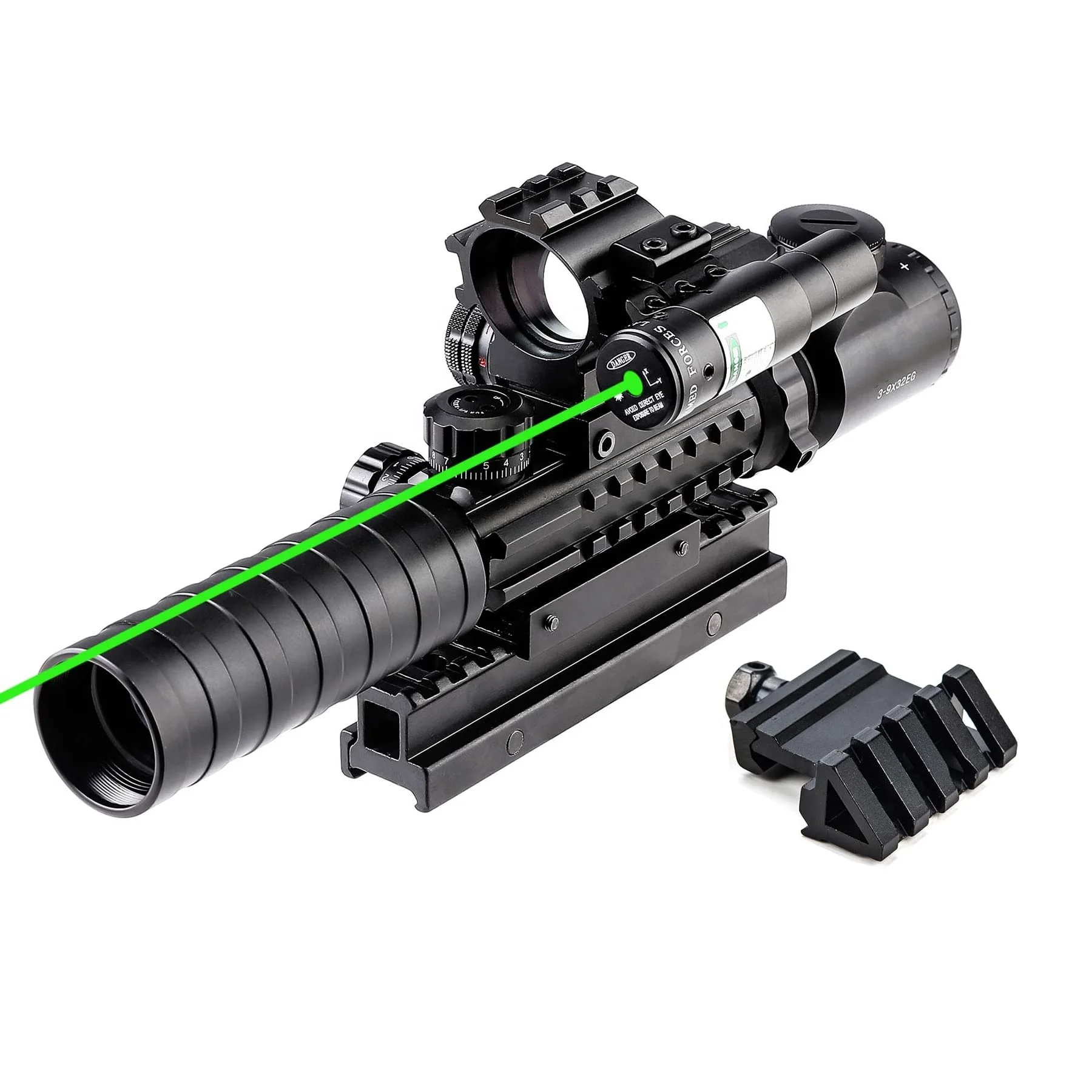 Factory Combo Scope 3-9x32 Rangefinder Illuminated Red Green Dot Sight Green Laser with High Riser,45 Degree Mount