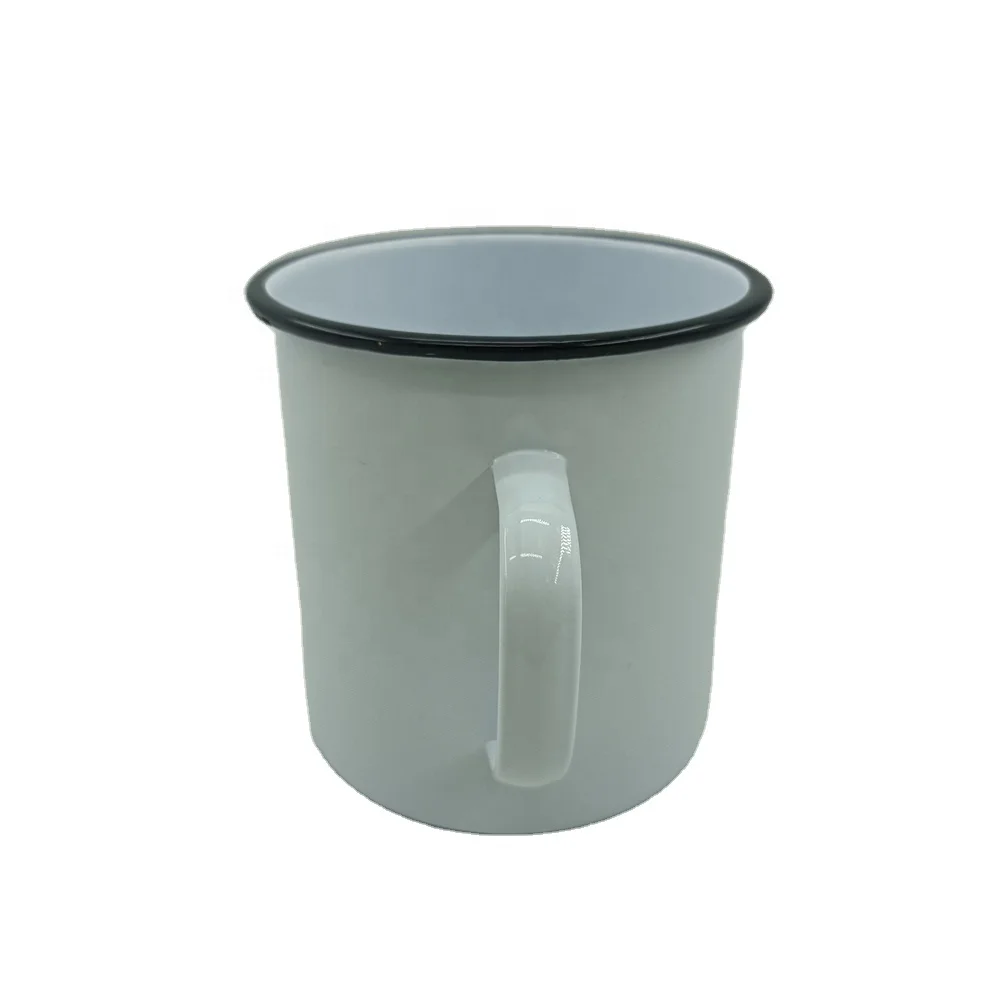 Customized Customized Vintage Powder Coating Wholesale White in Black Rim Travel Metal Coffee Cup Easy Carrying Camping Mug