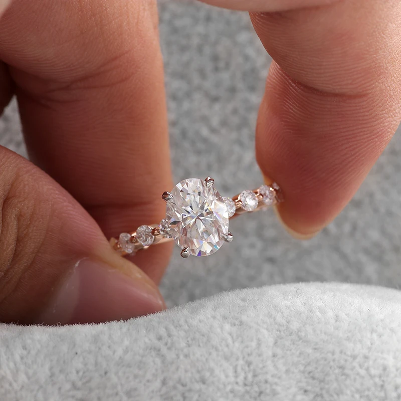 Half eternity 2.5mm bubble band 2.5ct D color oval brilliant cut moissanite engagement ring with hidden halo