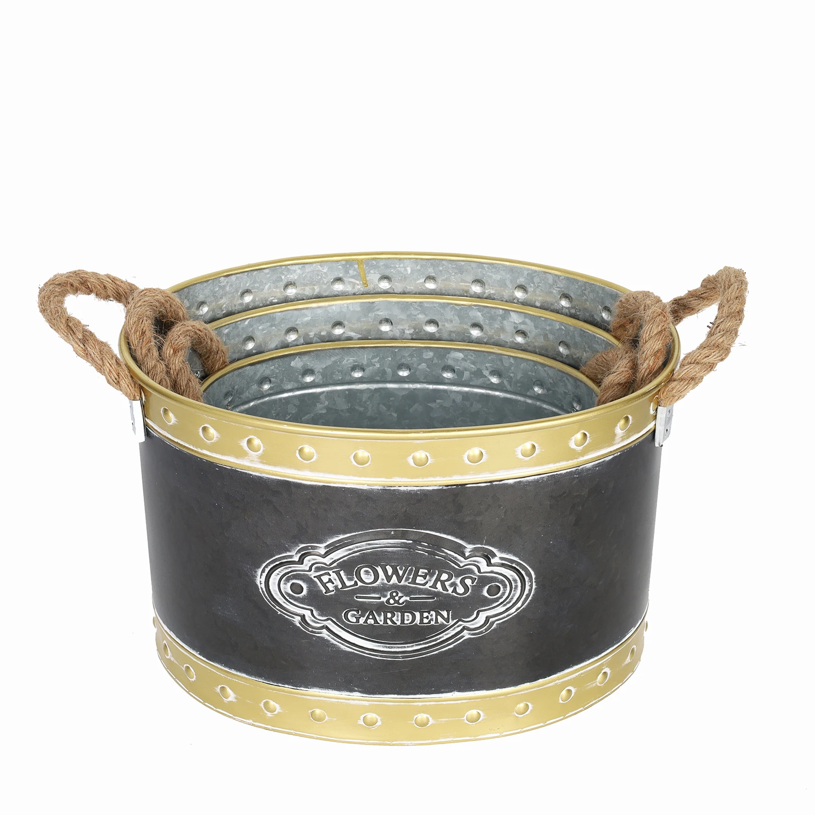 Artmade Vintage Galvanized French Zinc Bucket Flower Pots with Burlap Handles,Metal Planters for Garden Flower Decorative