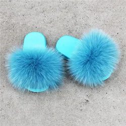 Factory wholesale non slip fur slides kids rainbow fur slippers little girls kids fox fur slippers