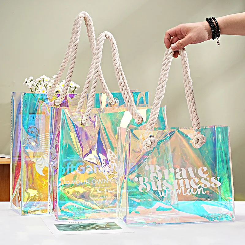 Custom Printed Logo Clear PVC Laser Tote Holographic Bag, Luxury Hologram Handle Bag Waterproof Pvc Iridescent Tote Shopping Bag