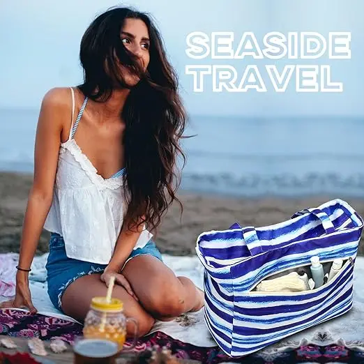 Large Tote Beach Bag Waterproof Sand proof Beach Pool Bag with Zipper and Wet Pockets Shoulder Bag