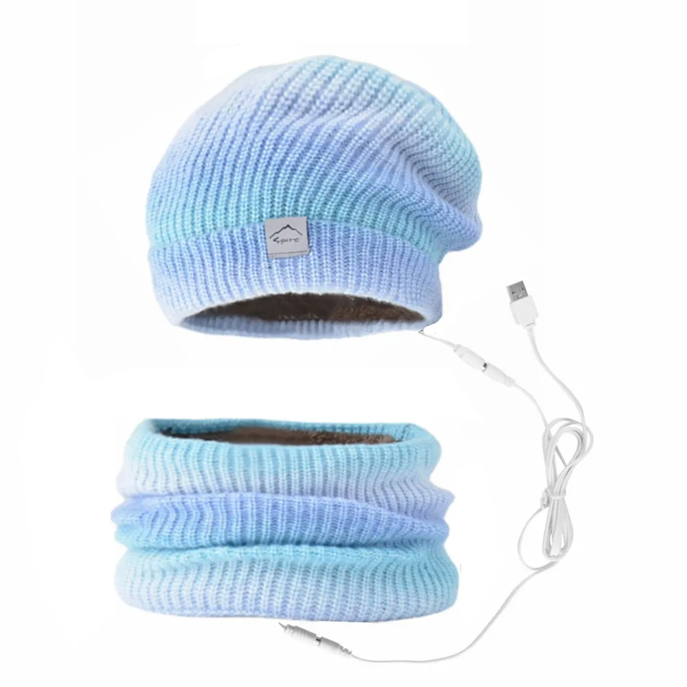Soft Lined Knitted Winter Warm Ski Beanies USB Heated Hat and Scarf Set Neck Warmer for Men Women