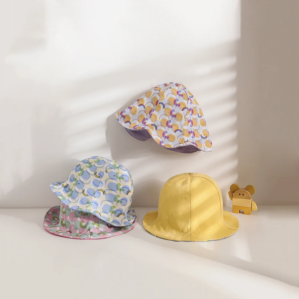 Promotional cute Double-Sided Cotton Fishing Caps Sun Protection Beach kids Fisherman Hat Foldable Reversible baby Bucket Hat
