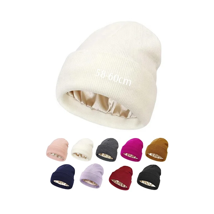 Silk Line Beanie with Custom logo Embroidery Leather Patch 100% Acrylic Skully Cap Knit Skull Beanies Hat Lining