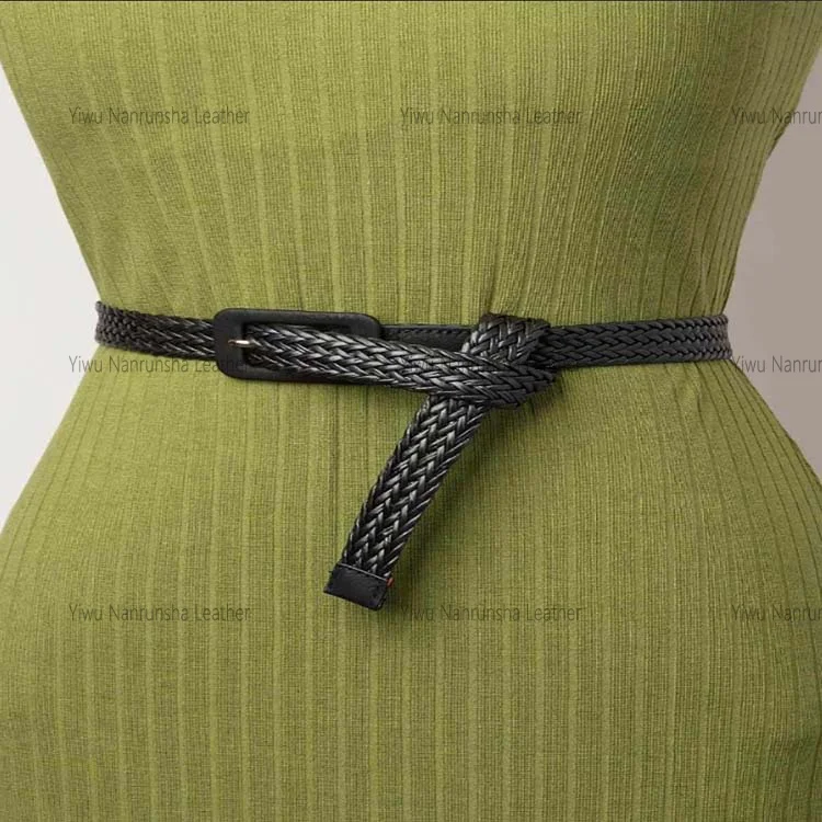 Manufacturer Custom Wholesale Design Stretch Knit Web Woven PU Leather Fabric Belts Women Candy Color Braided elastic Belt
