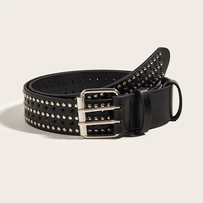 Fashion Star Holes Metal Rivet Belts Retro Punk Studded Black Leather Belts For Jeans