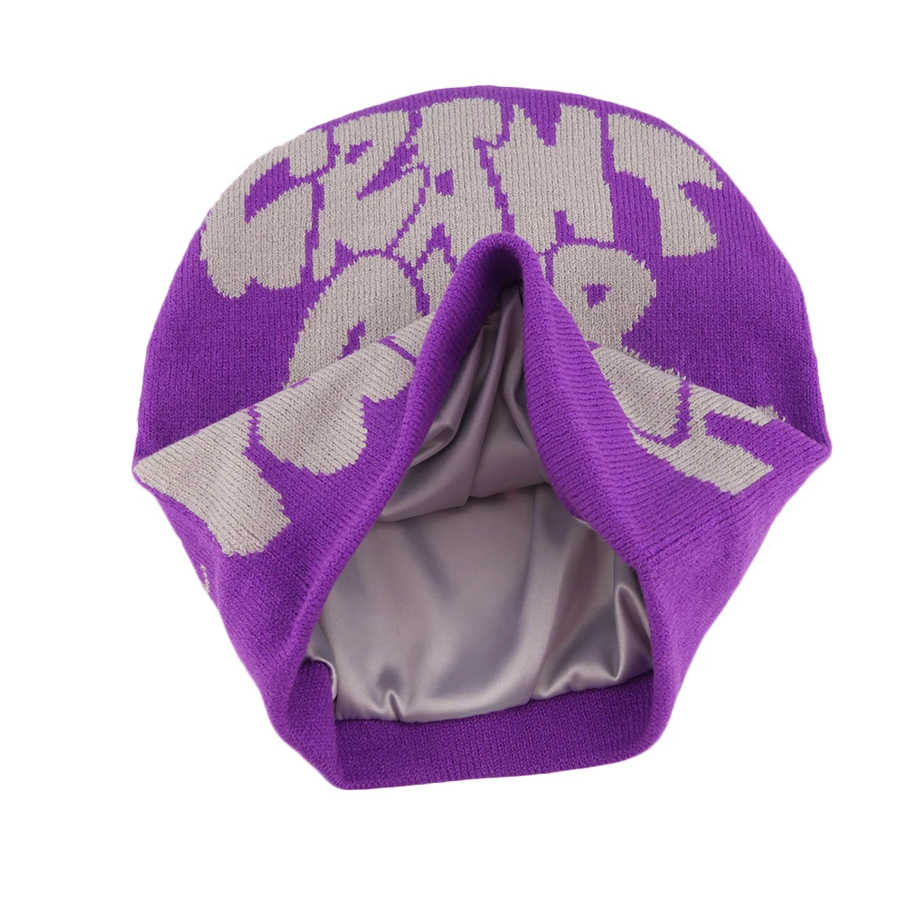 Wholesale Unisex Winter Hat satin lined beanie hats custom jacquard logo fashion knitted satin Beanie Hats manufacturing