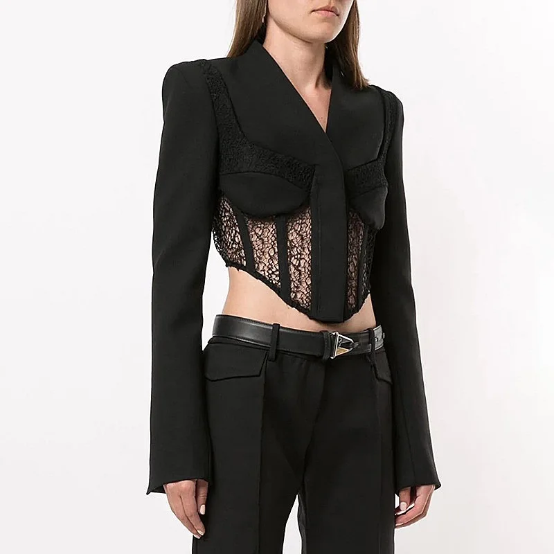 Custom solid black color sexy cropped mesh lace ladies blazer coat luxury twill cotton women blazer jacket