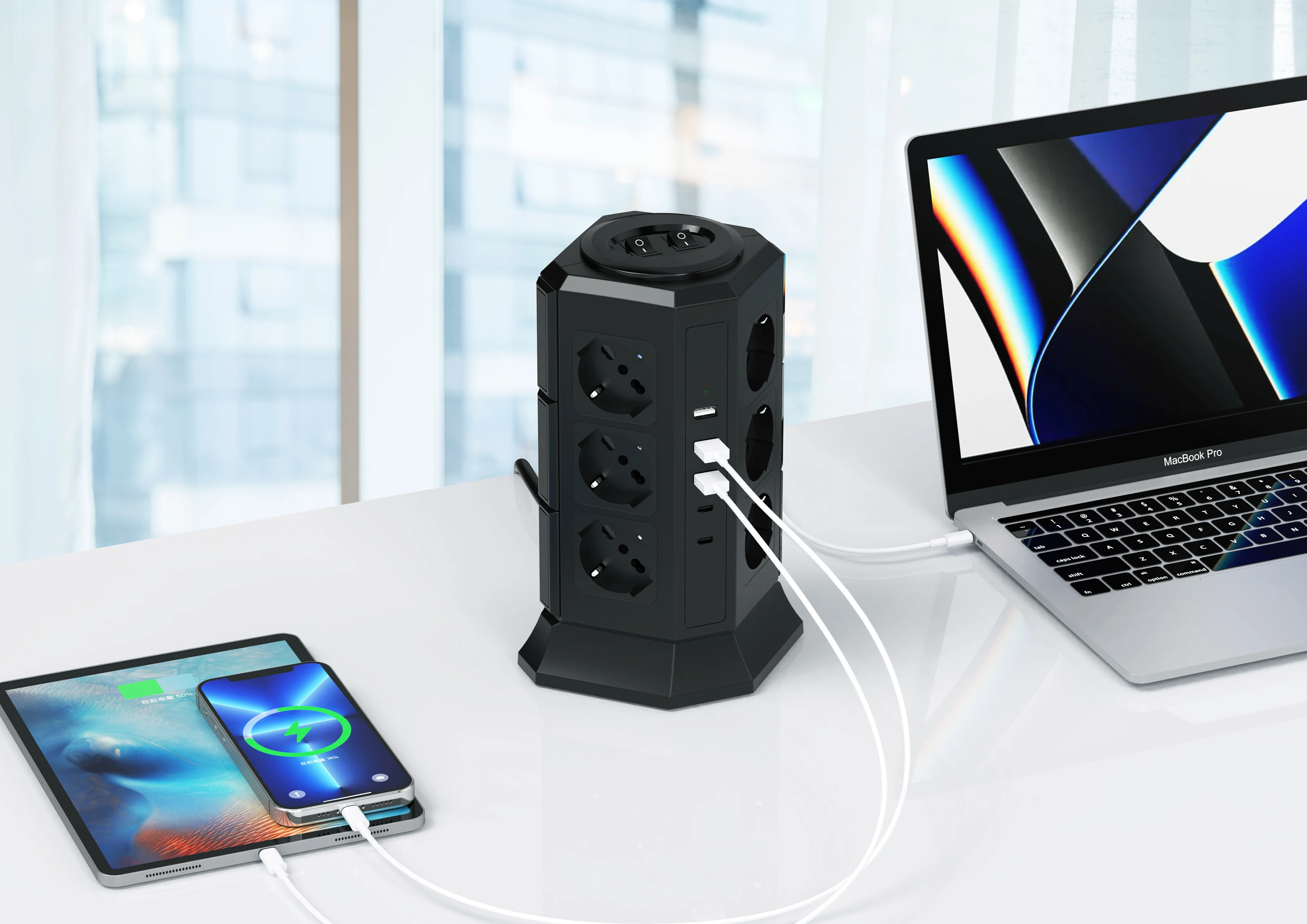 Tower Power Extension Italy Socket Multi Plug 4000W with Type-C PD20W Fast Charging 12Way Outlets