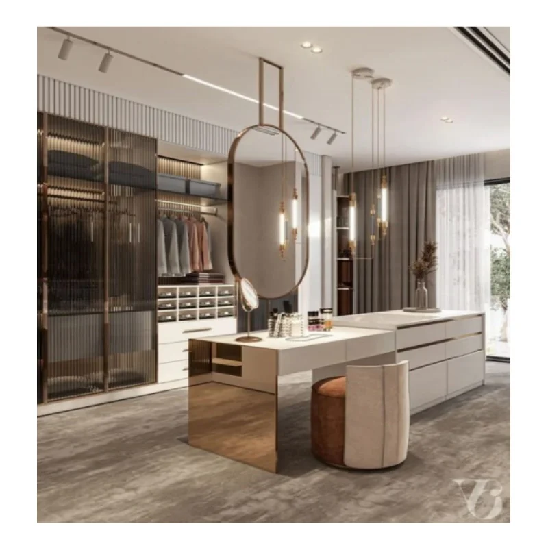 2025 Custom made Italian style modern bedroom glass wardrobe design wooden wardrobe bedroom closet furniture with mirror