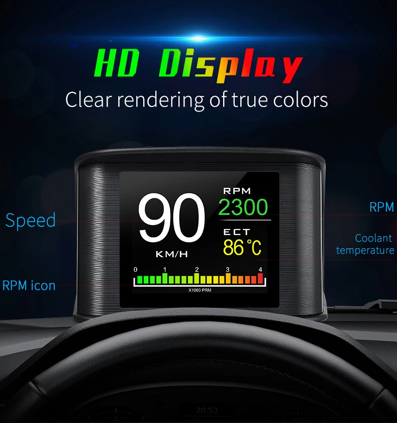 Universal OBD2 Scanner BrakeTest Tool with HUD Head-up Meter Gauge Multi-Function HUD-P10 Displays RPM Voltage Water Temperature