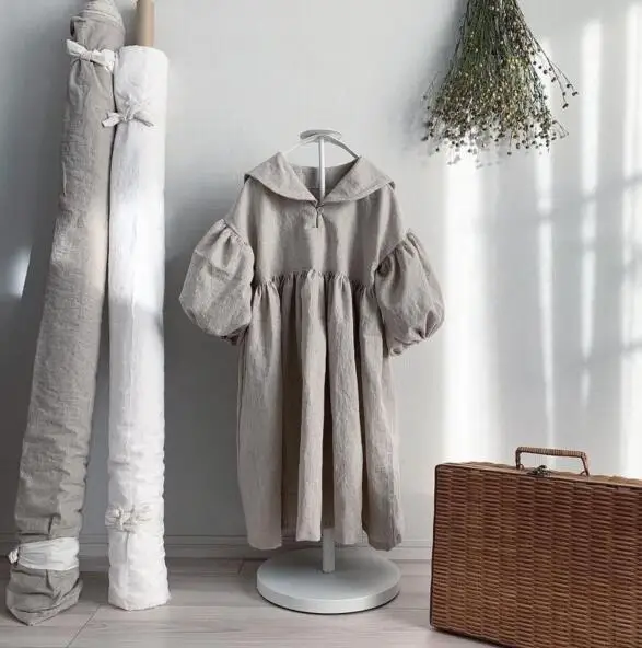 2023 new arrivals cotton hemp bubble 7/4 sleeve Sen casual out navy collar dress