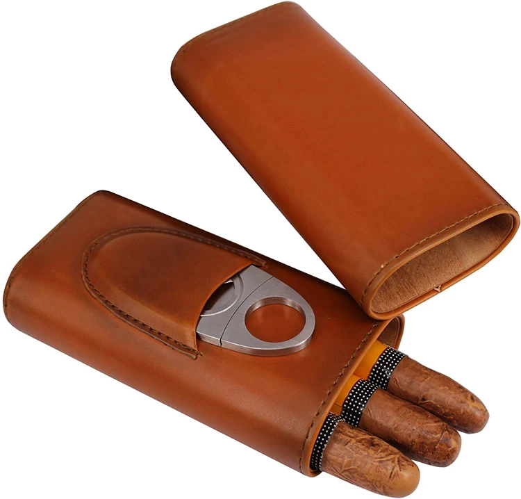 
3 Finger Leather Travel Case Cigar Multifunctional Cigar humidor box Cutter Stainless Steel Custom Logo 