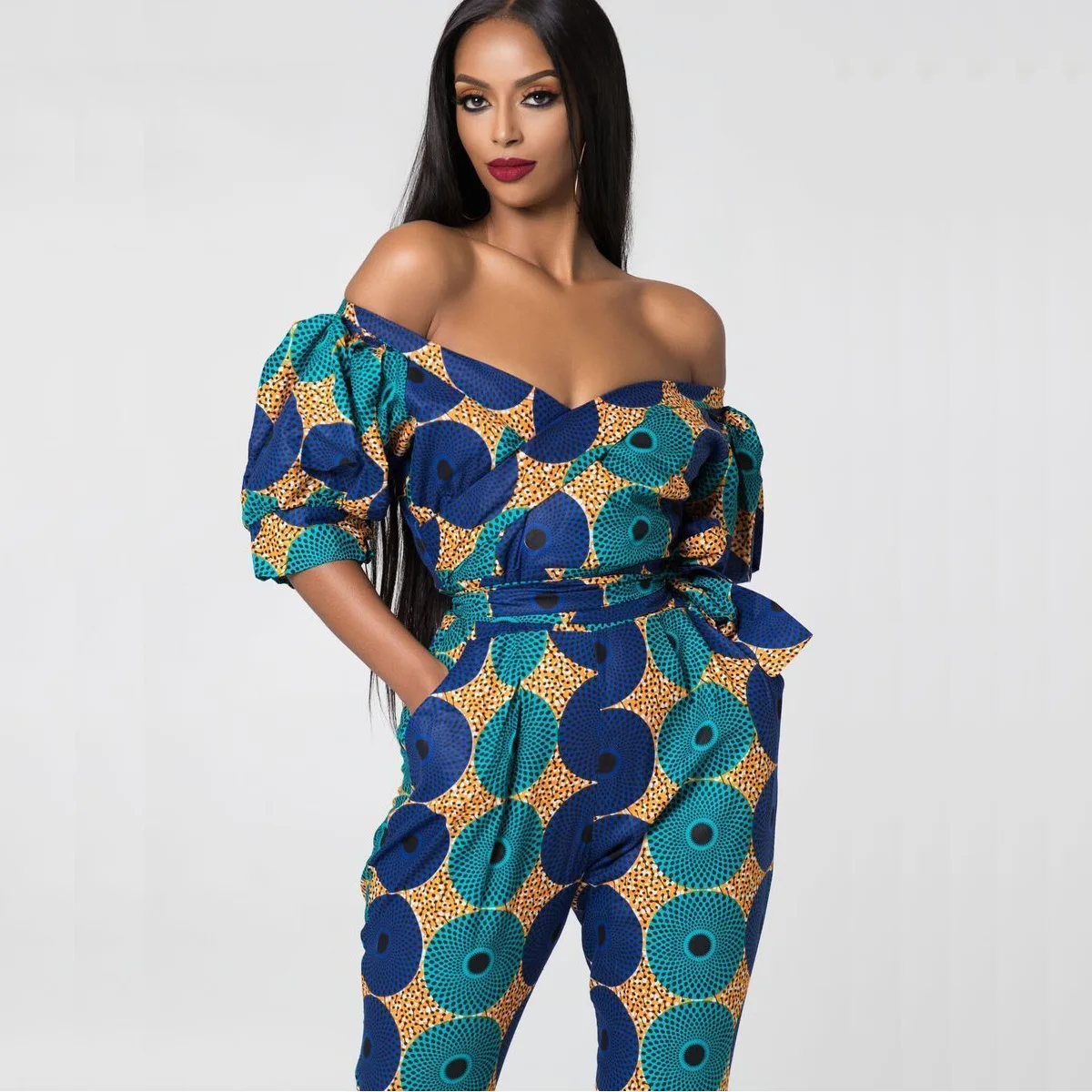sexy jumpsuit Pantalons Autumn Africa digital printing nightclub Lantern Sleeve off shoulder one-piece pants waist