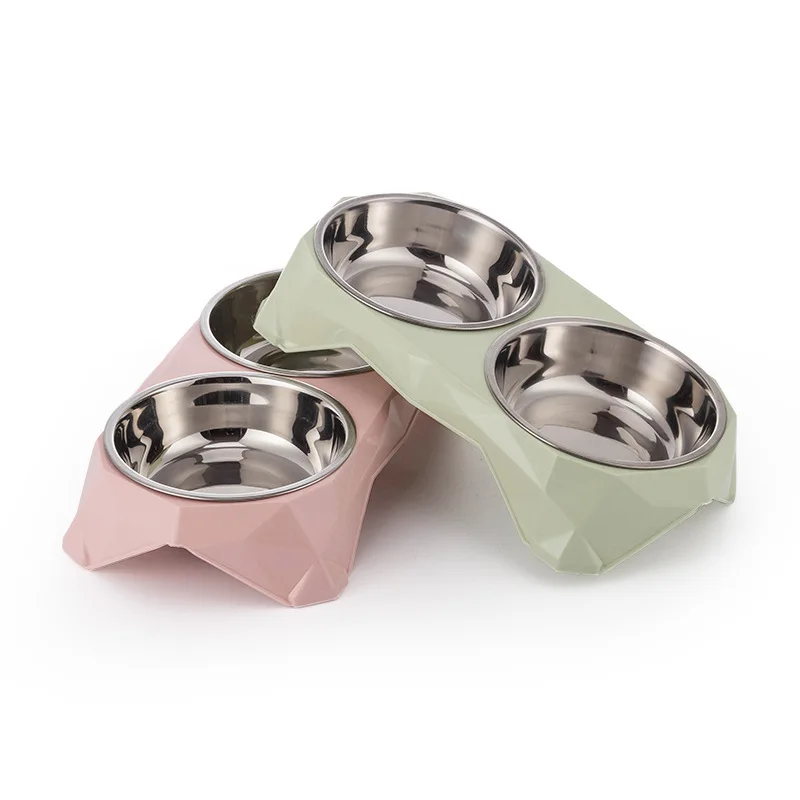 New Candy Color Diamond Thicken Pet Bowl Cartoon Double Pet Bowl Stainless Pet Feeder Bowl