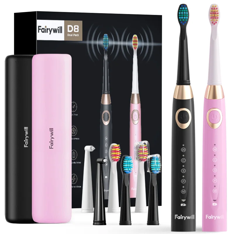 Fairywill FW2001 Double Kit USB Charging Whitening 40000 VPM 5 Modes Adult Electric Toothbrush With Smart Timers