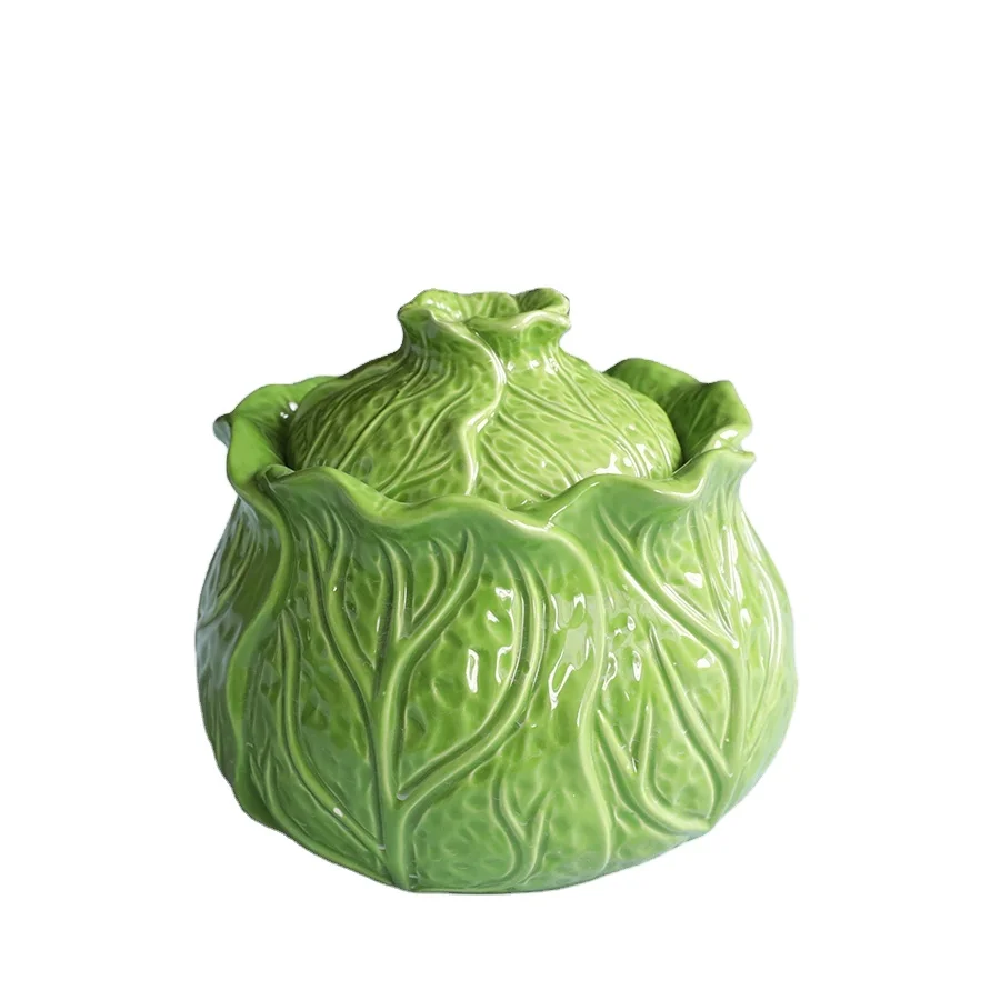 Custom Personalized Cabbage Shaped Ceramic Decorative Food Jars,Cute Green 3D Vegetable Cookie Jar