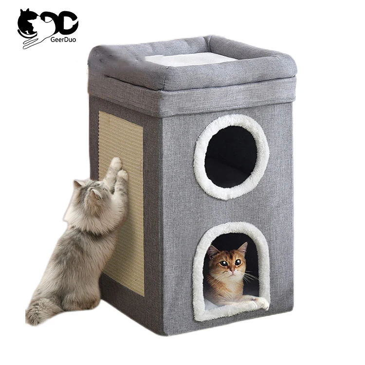 GeerDuo Pet Winter Luxury Large Stable Foldable Comfortable Double Floor Cat House Cave Nest