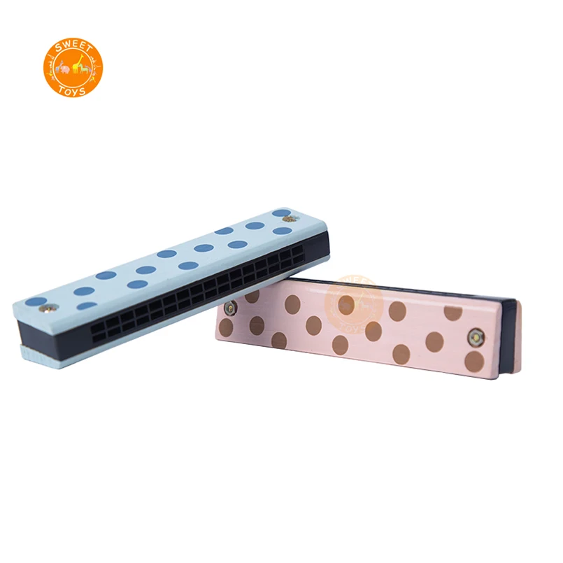 Kids musical Instrument wooden 16 holes harmonica printed with polka dots