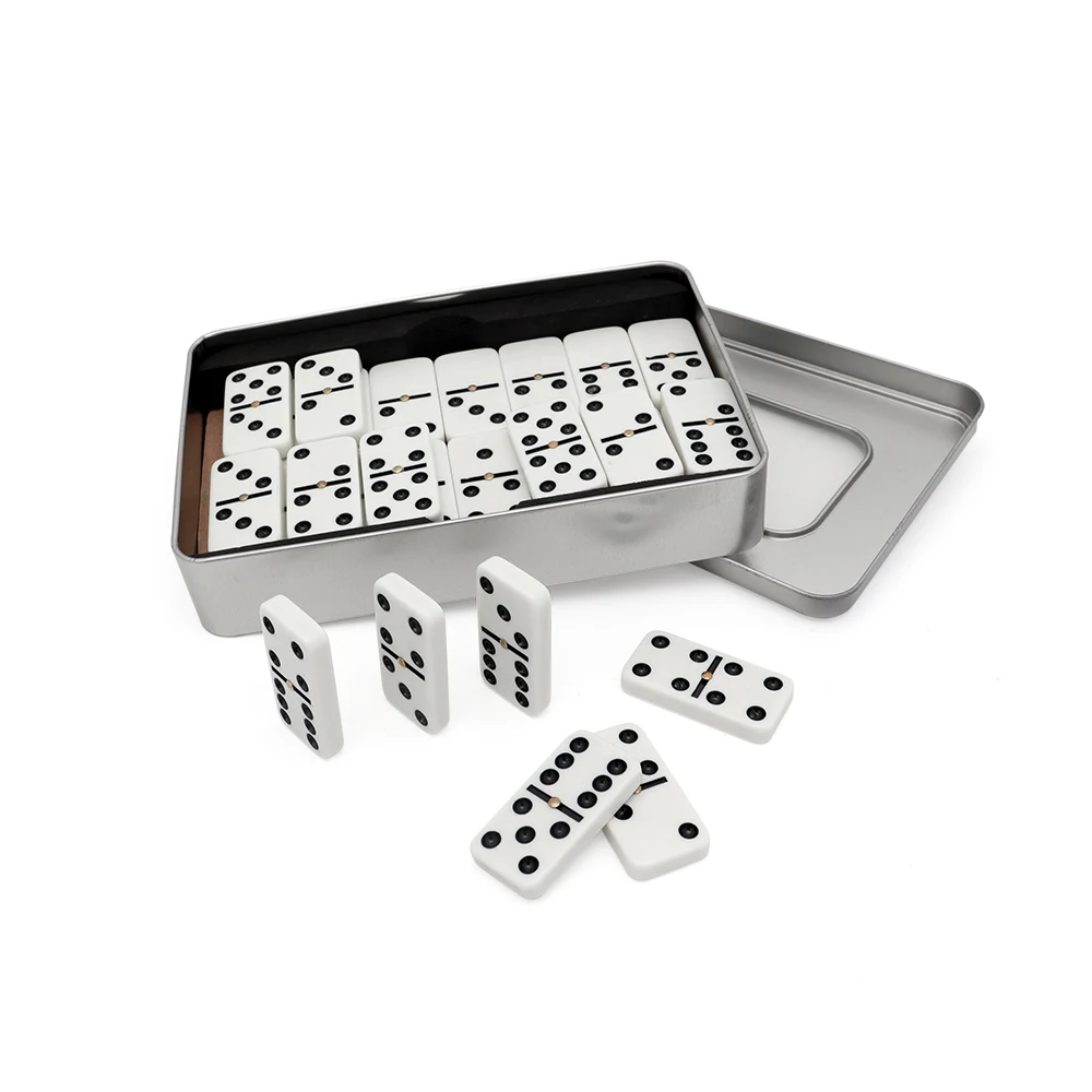 Personalized customized double 6 dominoes black dot with clear window tin box transparent plastic lid for board game