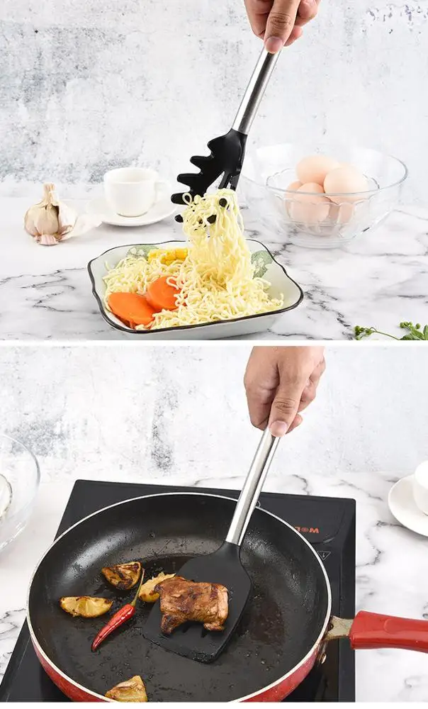 10-Piece Black Kitchen Gadget Set with Silicone Spatula and Stainless Steel Utensils Steel Handle Holders for Christmas