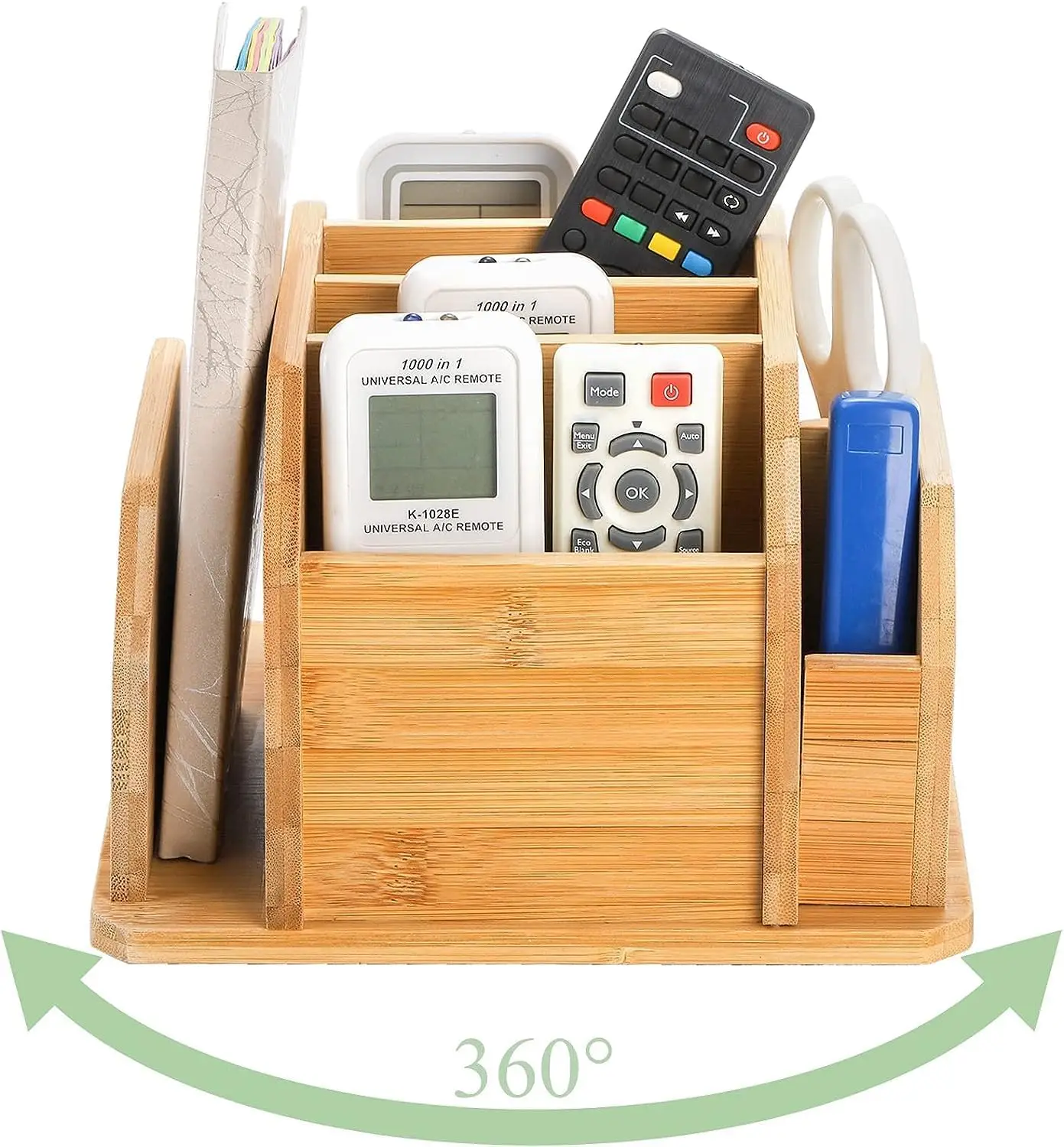 Wholesale Bamboo Rotating Remote Control Holder for Table 7 Compartments Office Supplies Organizer 360° Spinning Desktop
