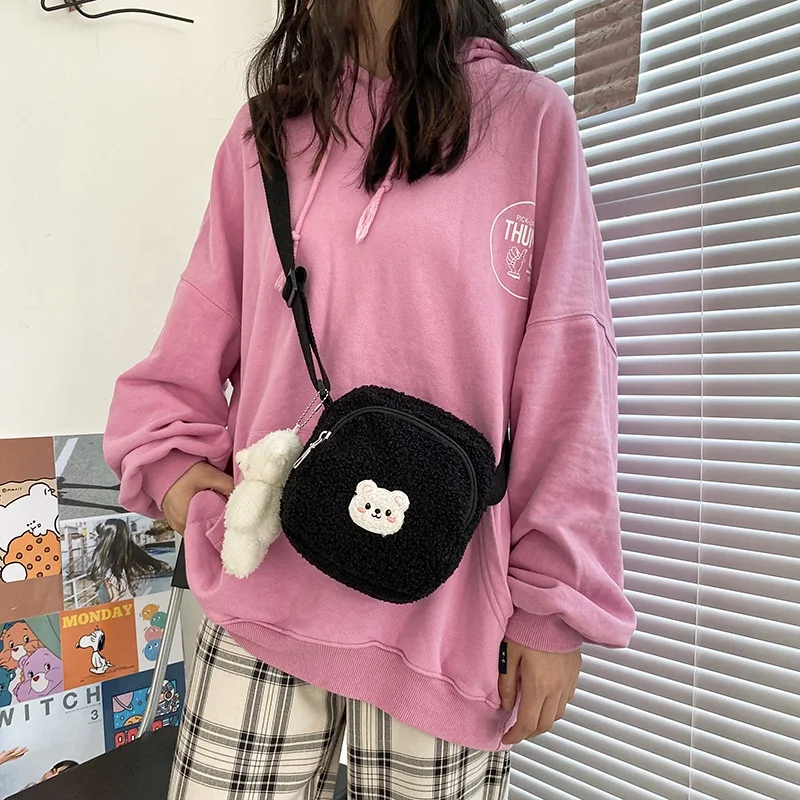 Cute Faux Lambswool Fur Cheap Colorful Shoulder Mini Messenger Fashion Tote Canvas Crossbody Waist Fall Purse Hand Bag for Women