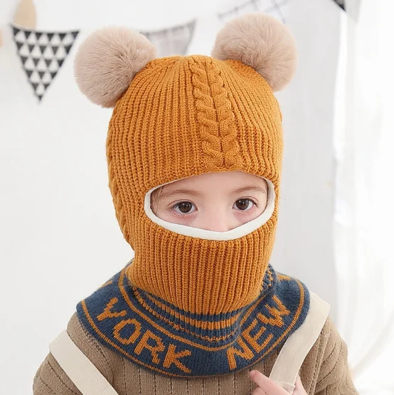 Thick Beanie Warm Winter Hat Kids Children Knitted Hooded Scarf Knit Letter Pom Pom Earflap Hat Cap Scarves Child Accessories