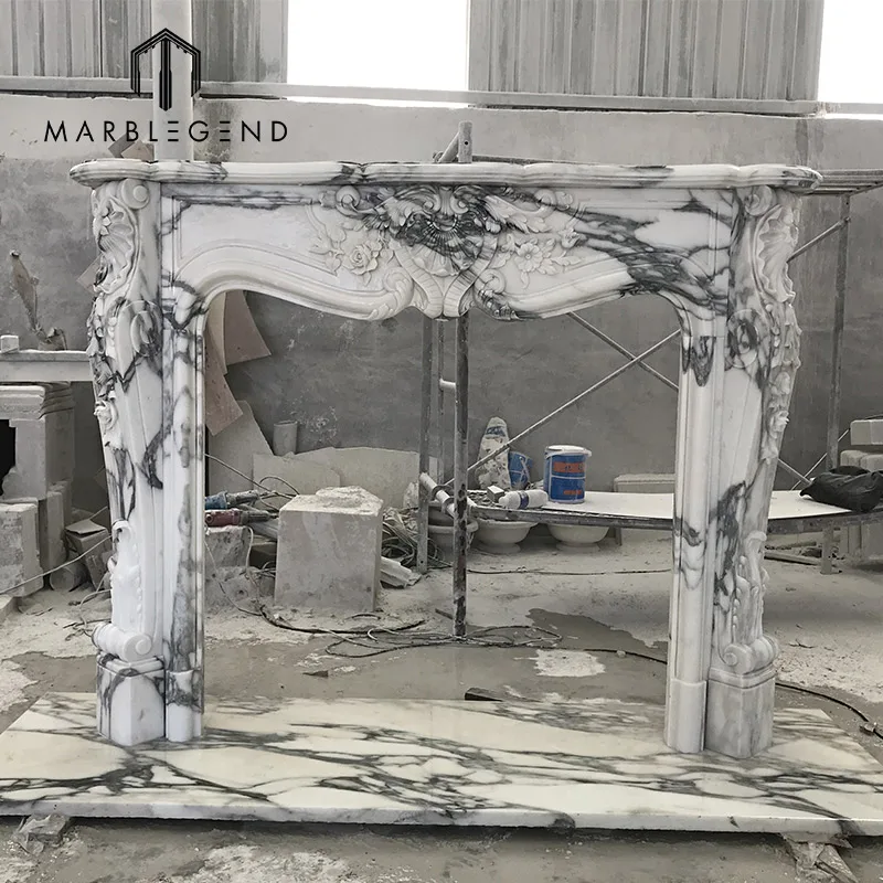 Home Indoor Decor Stone Carving Arabescato White Marble Fireplace Mantel