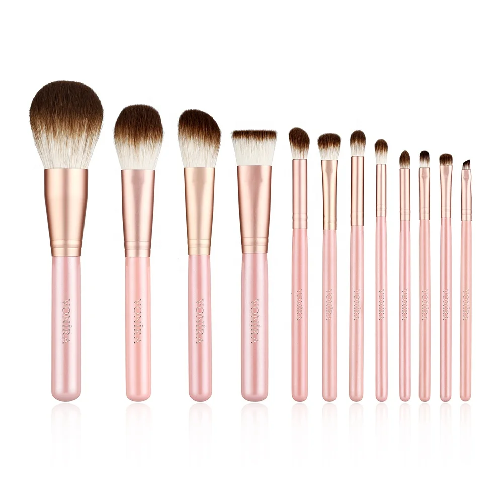 Private Label Hot Selling Cosmetic Brush Tool 12 Pcs Synthetic Makeup Brushes Pink Color Wood Handle Eyeshadow Makeup Brush Set