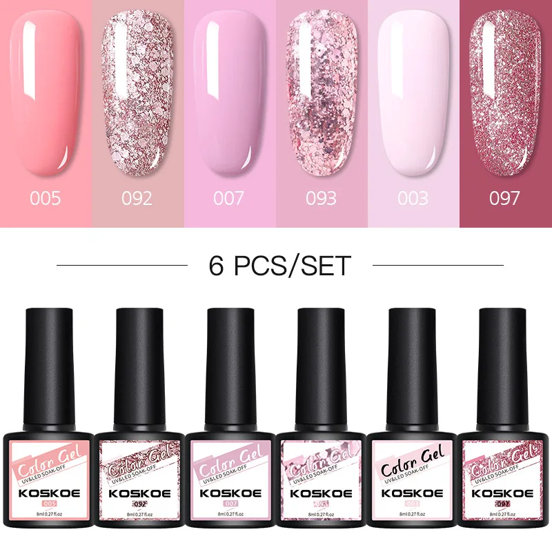 6pcs-set Набор лаков для ногтей светло-розовые блестящие гель-лаки замочить от УФ/LED гель полу Перманентный Нейл-арт-основа Гель-лак комплект детей с
