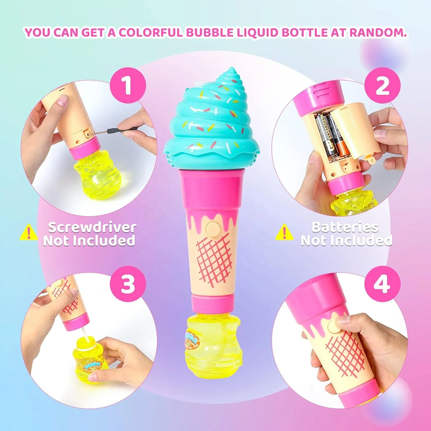 Electric Bubble Machine with Light Cartoon Ice Cream Toy Bubble Magic Wand Children with 90ml Soap Bubbles Refill Bottle