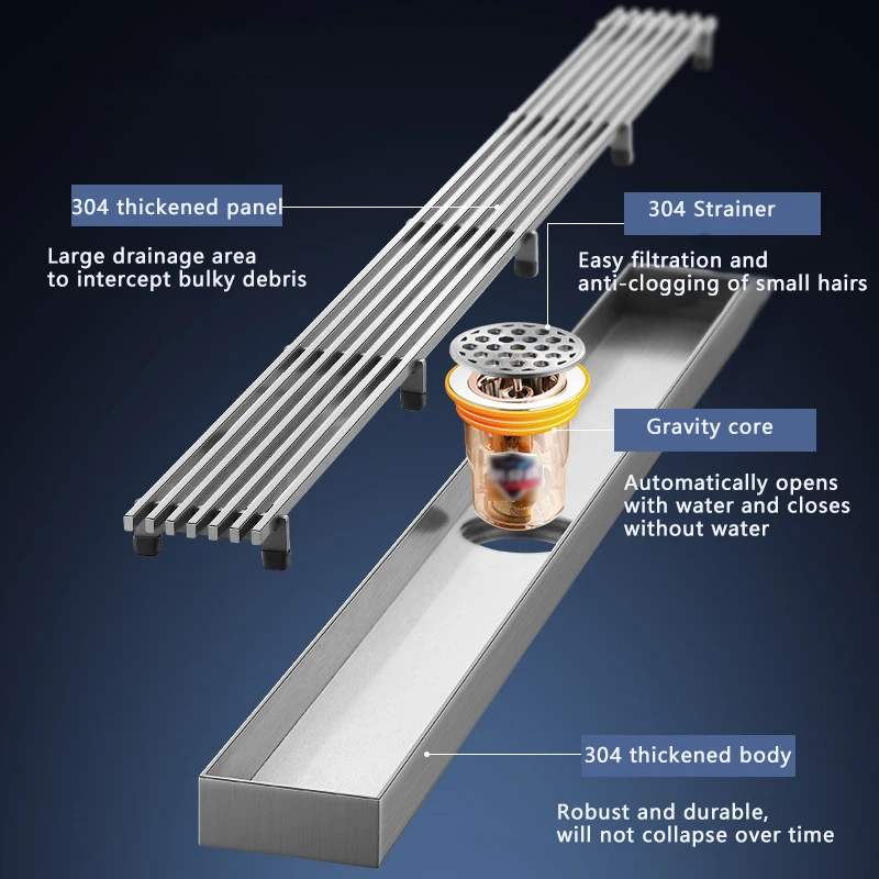 Backflow preventer channel anti clogging sus304 anti-odor long  bathroom core shower cover linear stainless steel floor drain